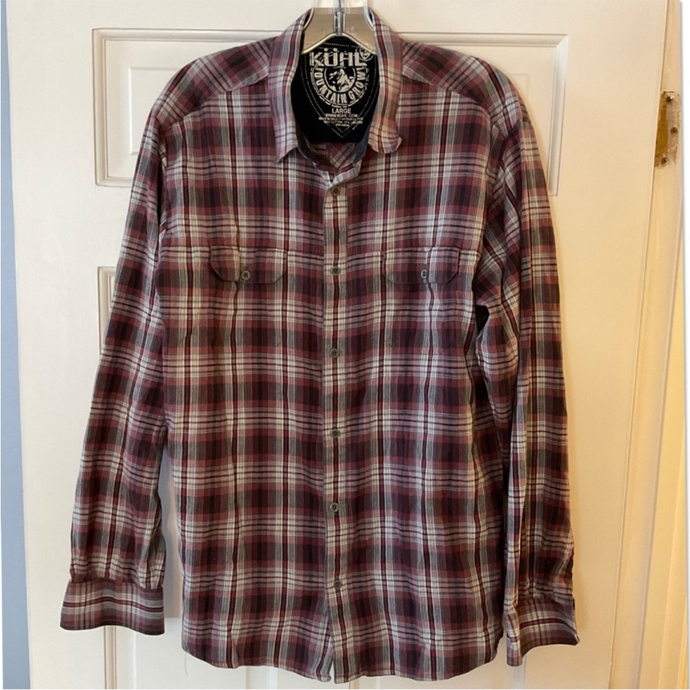Kuhl Men’s Button Up Shirt Red White Plaid Long Sleeve Size L Mountain Grown